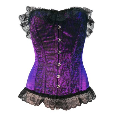 Corset burlesque en satin violet et tulle brodé