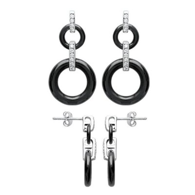 Boucles d'oreilles doubles cercles en argent céramique noire et strass