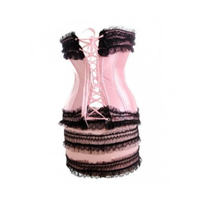 Corset et jupette en satin rose et dentelle noire Softy Pink