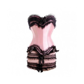 Corset et jupette en satin rose et dentelle noire Softy Pink