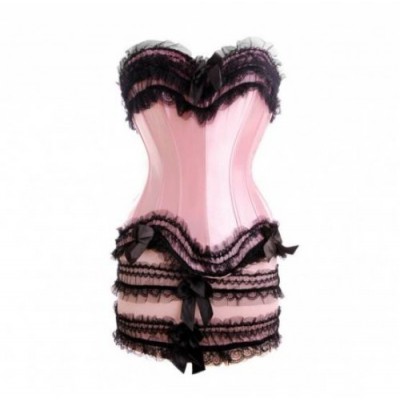 Corset et jupette en satin rose et dentelle noire Softy Pink