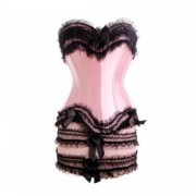 Corset rose satiné et dentelle noire avec jupette assortie